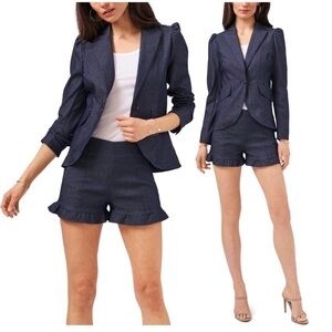 1 State Peplum Puff Shoulder Gray/Blue Denim Blazer